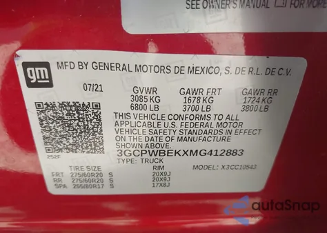 2021 Chevrolet Silverado 1500 2Wd Short Bed Custom z USA, uszkodzony, nr VIN 3GCPWBEKXMG412883